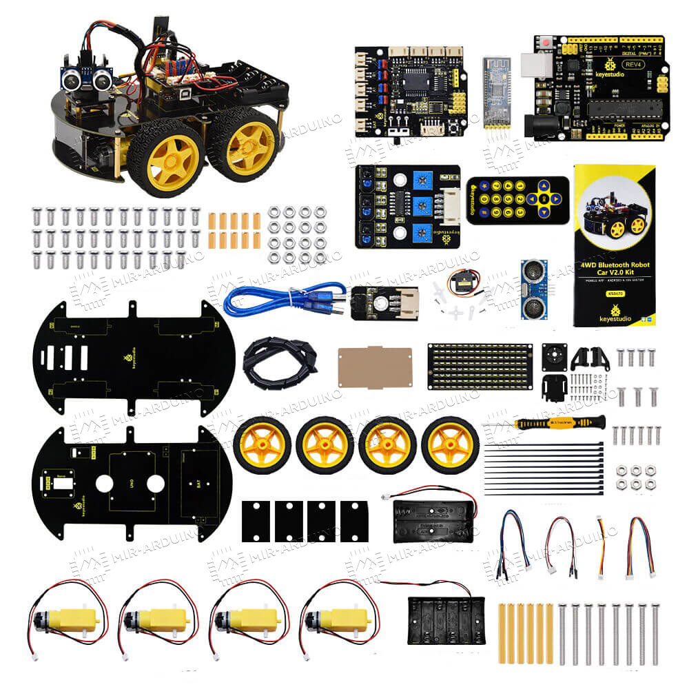 Купить набор для моделирования Ардуино (Arduino) 4WD BT Car V2.0 в  Кемерово, цена 8310 рублей в Mir-arduino.ru